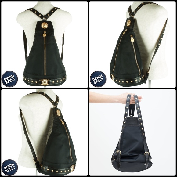 Versace Unisex Black & Gold Nylon Sun Logo Studded Backpack | EUC!! 💛🖤💛🖤 - Picture 16 of 16